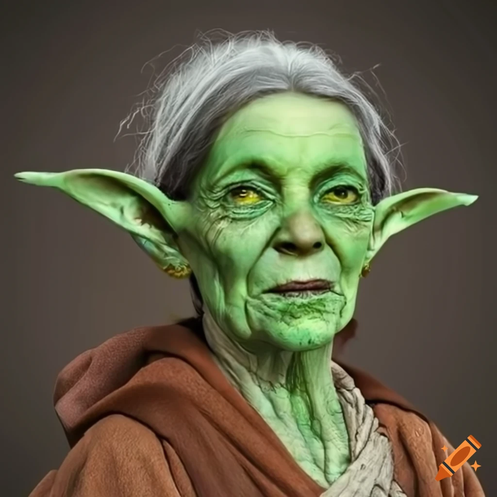 Old goblin woman with green skin in a brown robe