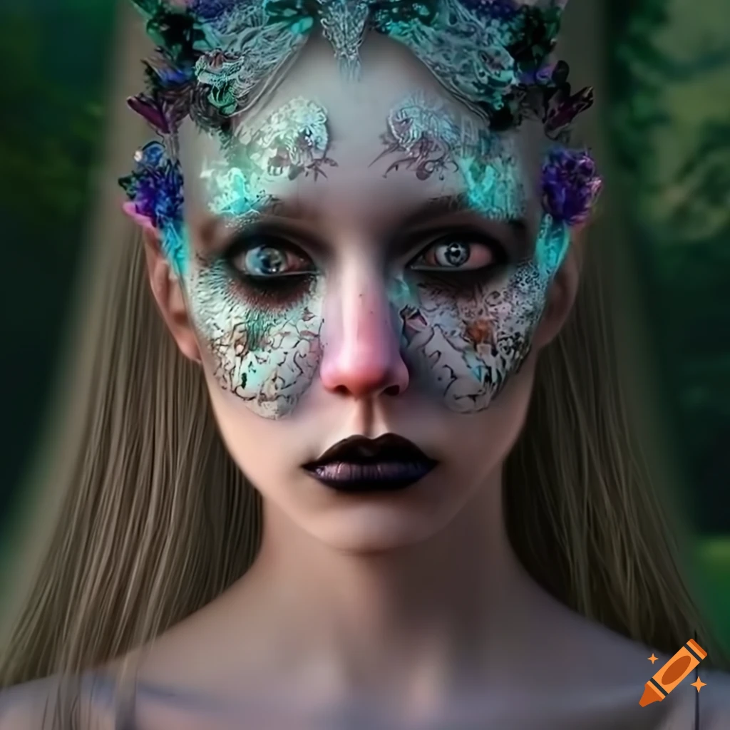 Close up of hyperrealistic Gothic woman with flowers and butterflies in her hair