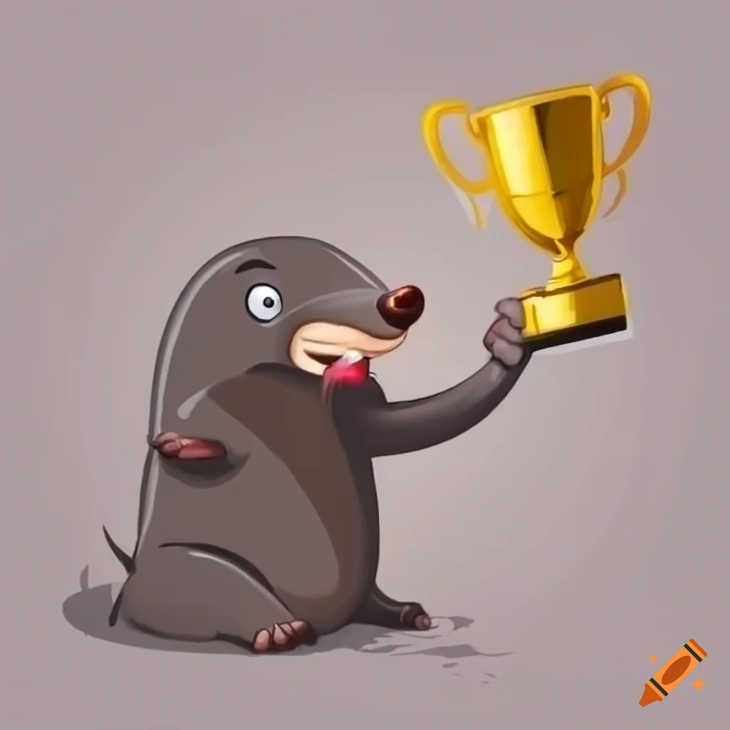 Cartoon star-nosed mole holding a gold trophy