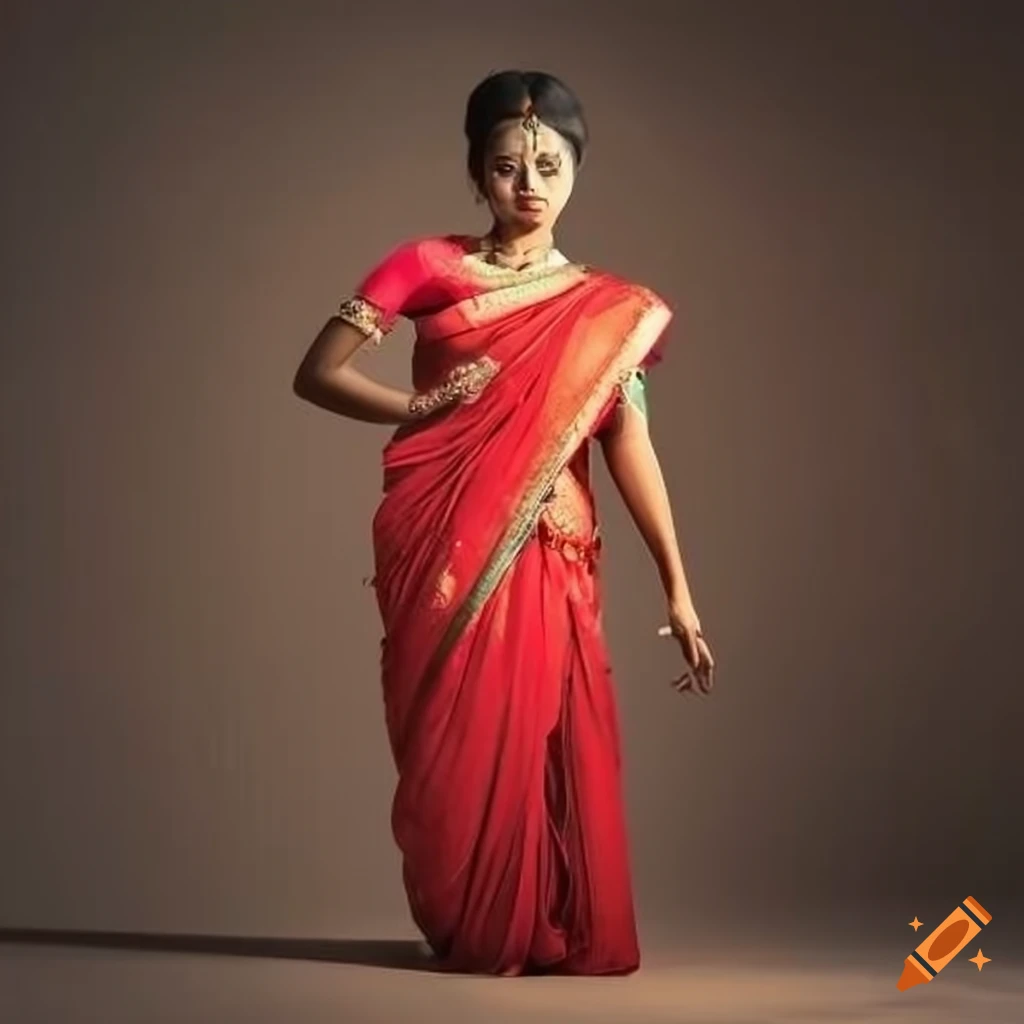 Indian woman in red sari standing elegantly