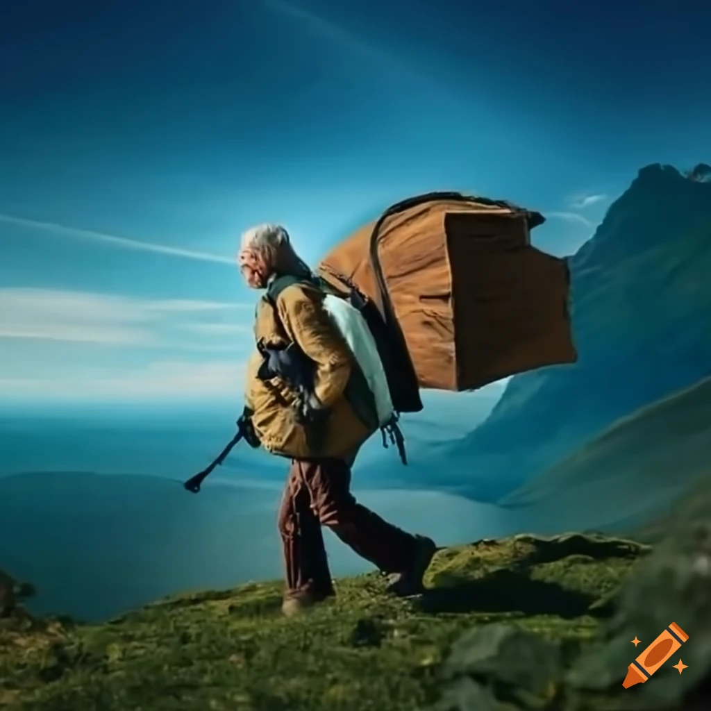 Inspiring elderly man trekking through a picturesque landscape with a heavy load