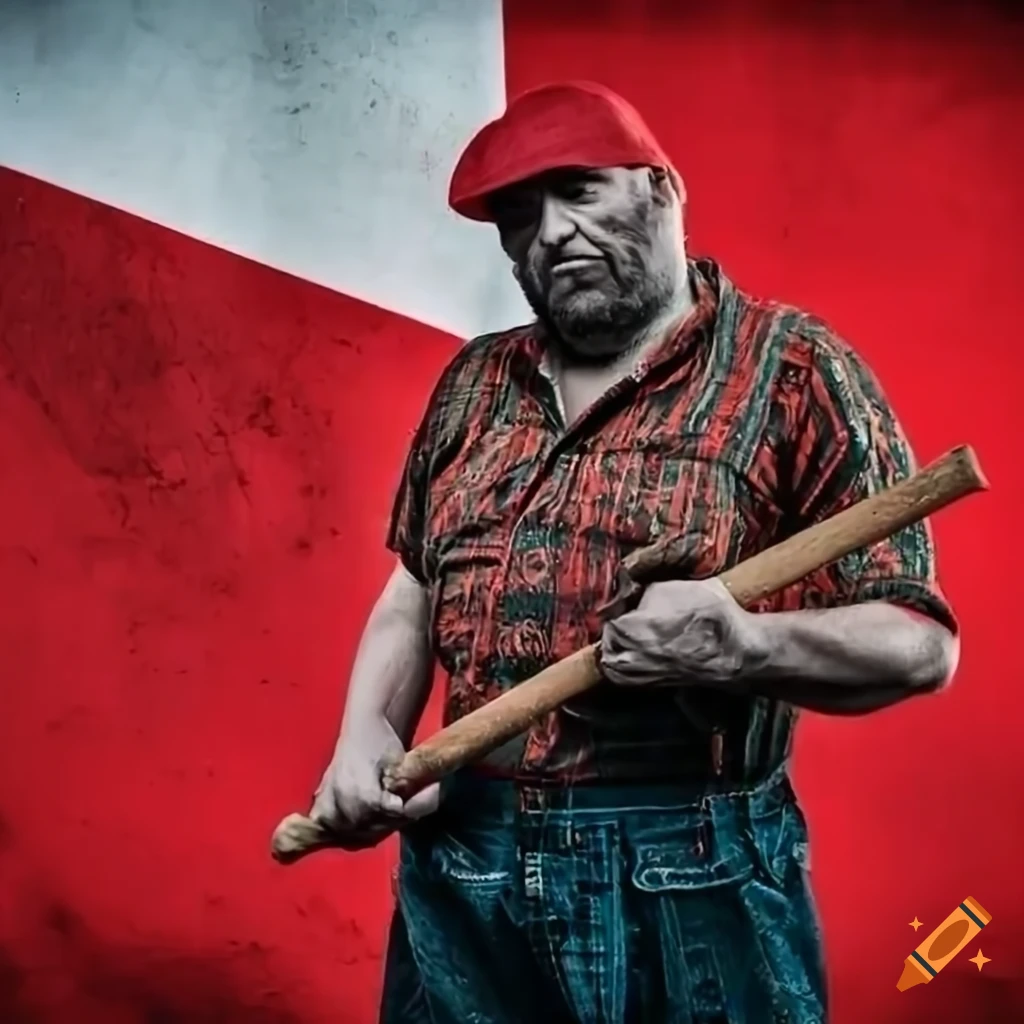 Determined lumberjack with Polish flag in background