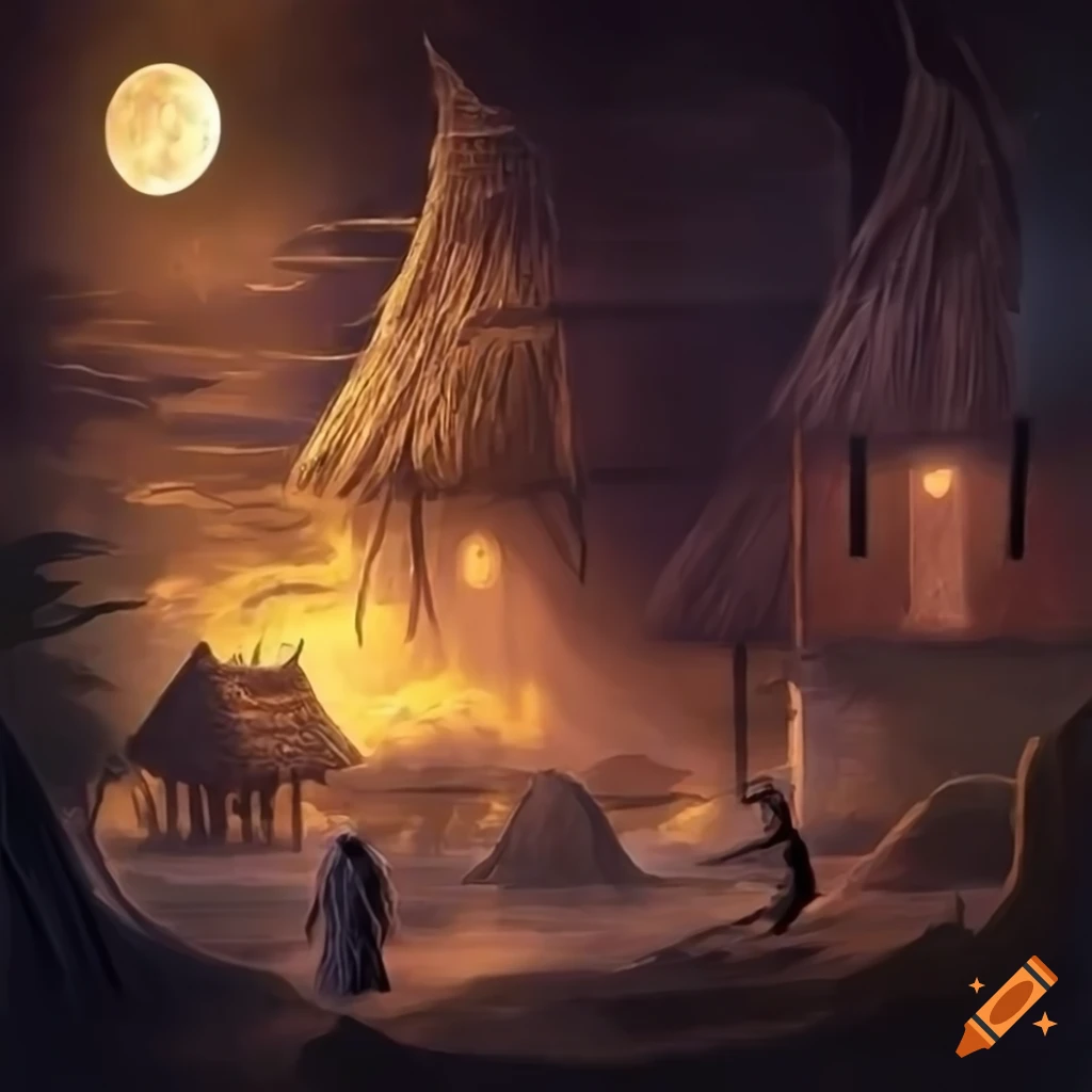 Ancient Asian tribe singing and dancing under moonlight with thatched huts, fantasy art style
