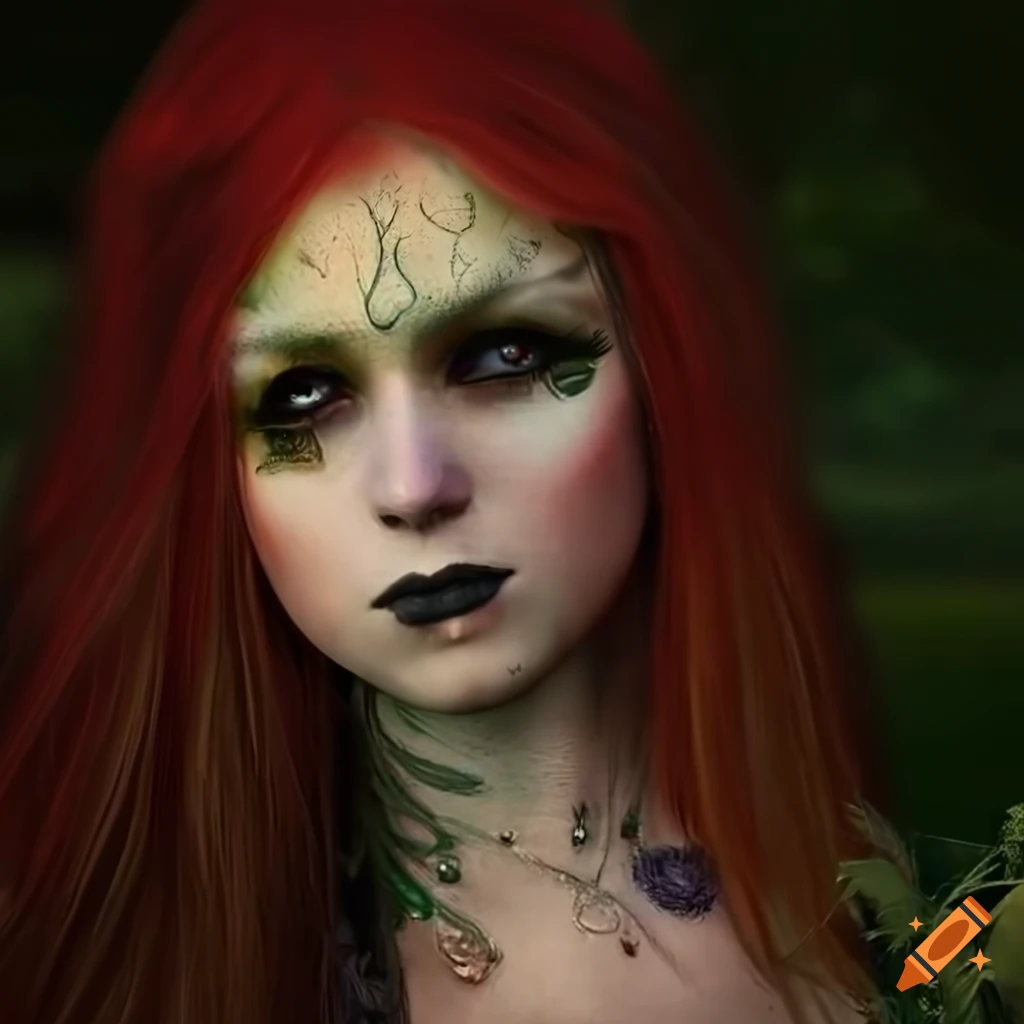 Close up of hyperrealistic Gothic woman with flowers and butterflies in her hair