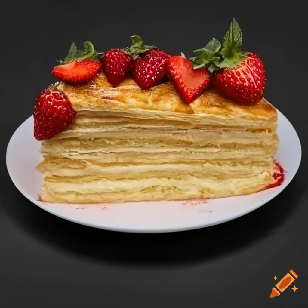 Slice of multi-layer Napoleon cake with fresh strawberries on top