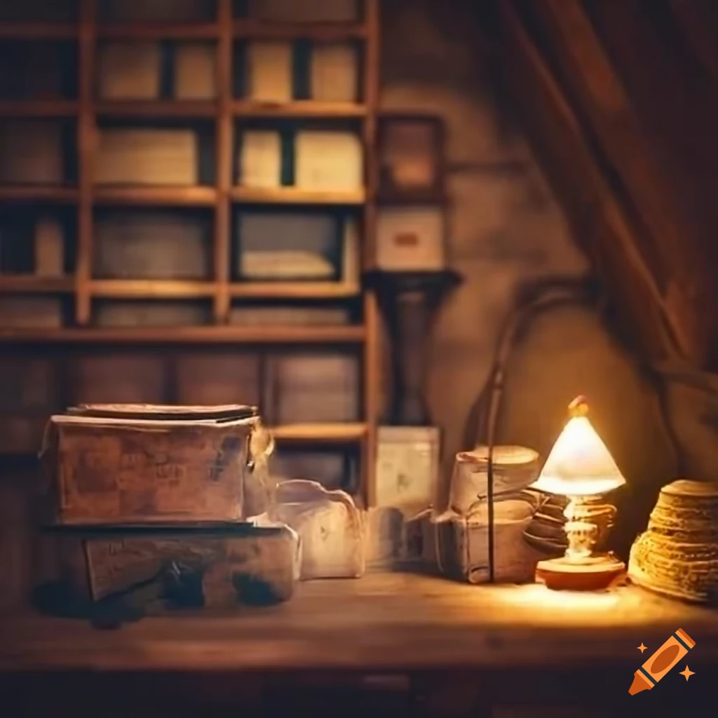 Quaint bookstore with dusty shelves and ancient books, glowing chest, and ancient runes on a desk