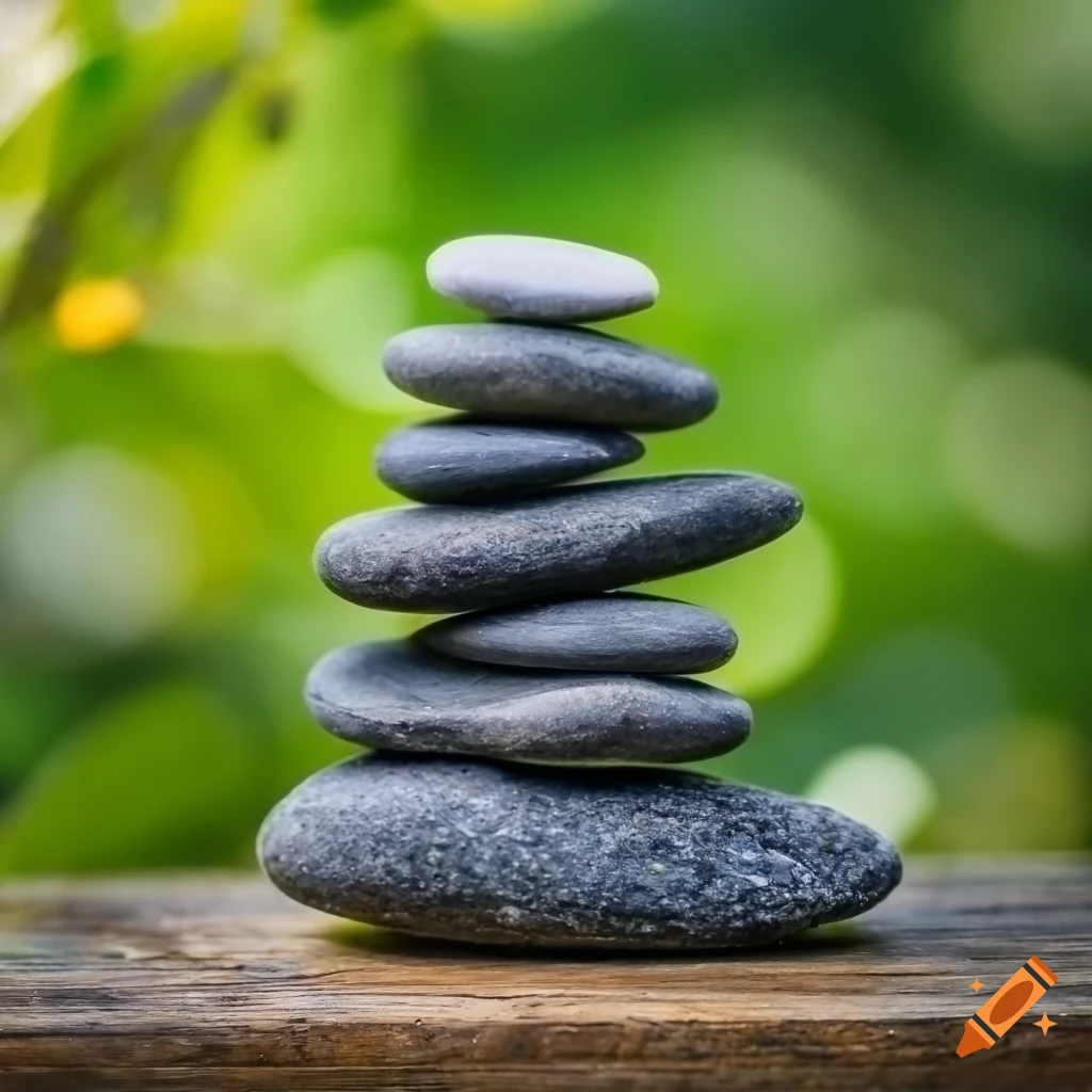 Zen rocks on a light wooden floor with bokeh vegetation background