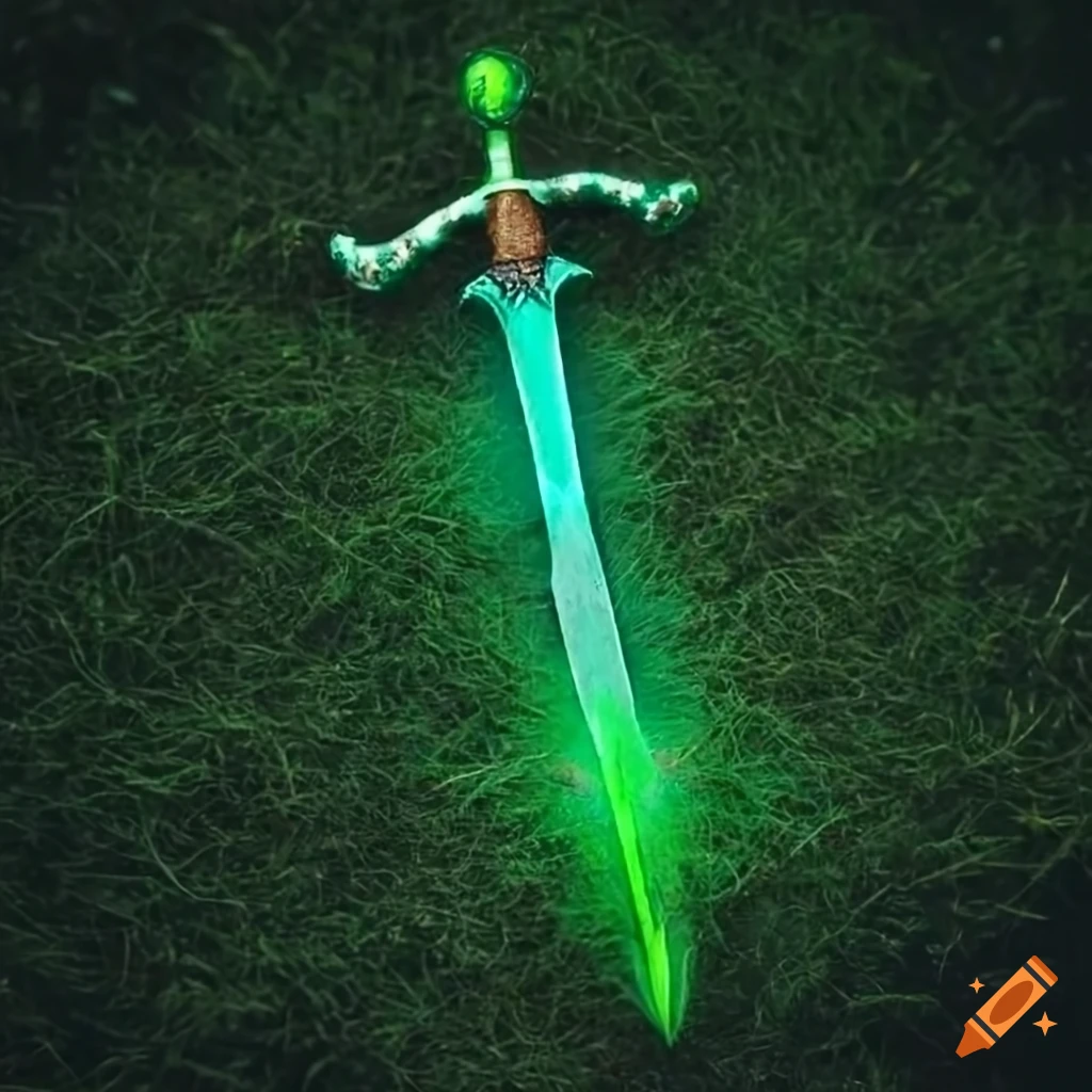 Longsword with a green glowing blade and emerald pommel on grass in the rain