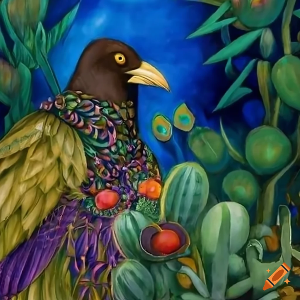 Raven in a hooded cloak of colorful peacock feathers in a twilight forest garden