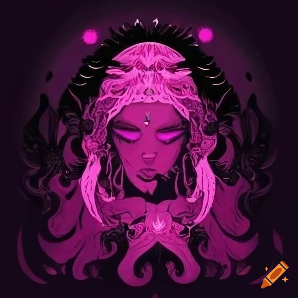 Pink infernal void with mutilated goddess in a serene pink setting
