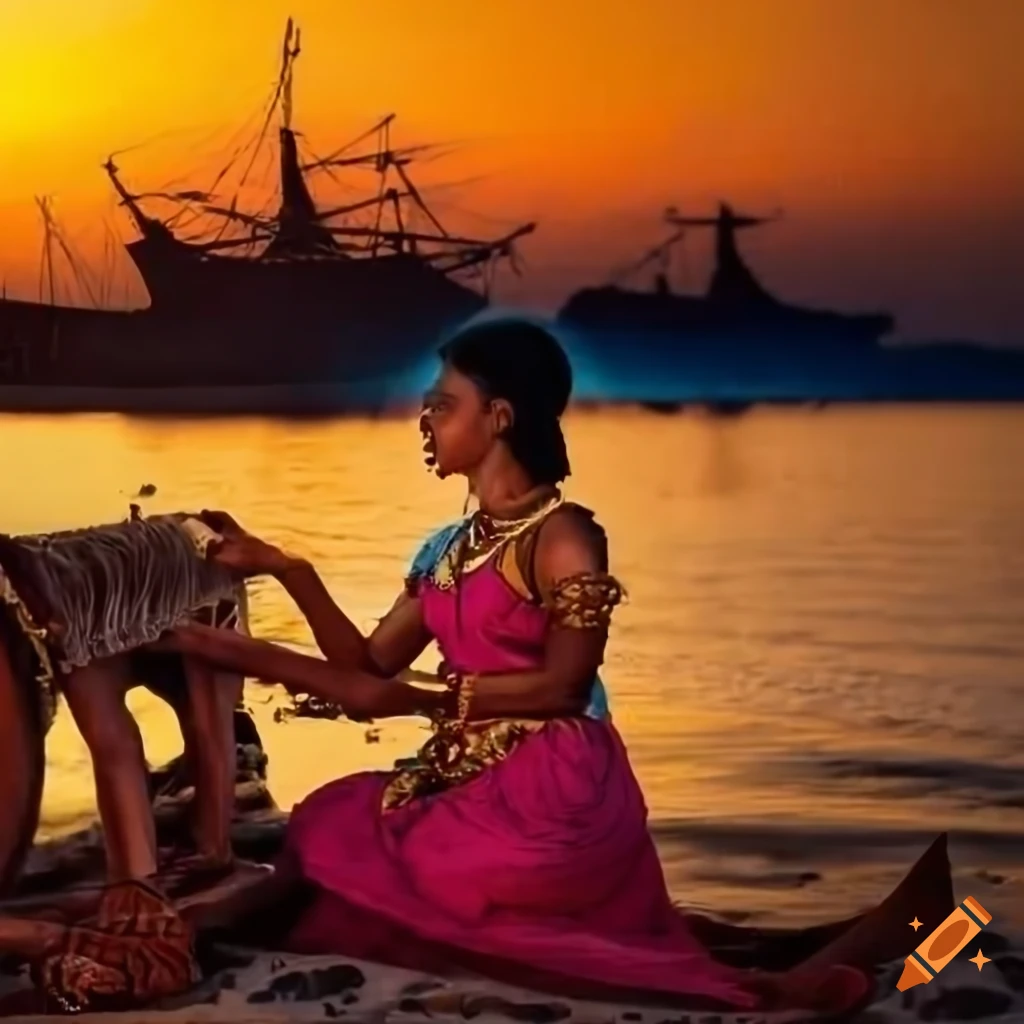 Regal Queen Weaving On A Loom In Traditional Attire On The Beach At regal-queen-weaving-on-a-loom-in-traditional-attire-on-the-beach-at