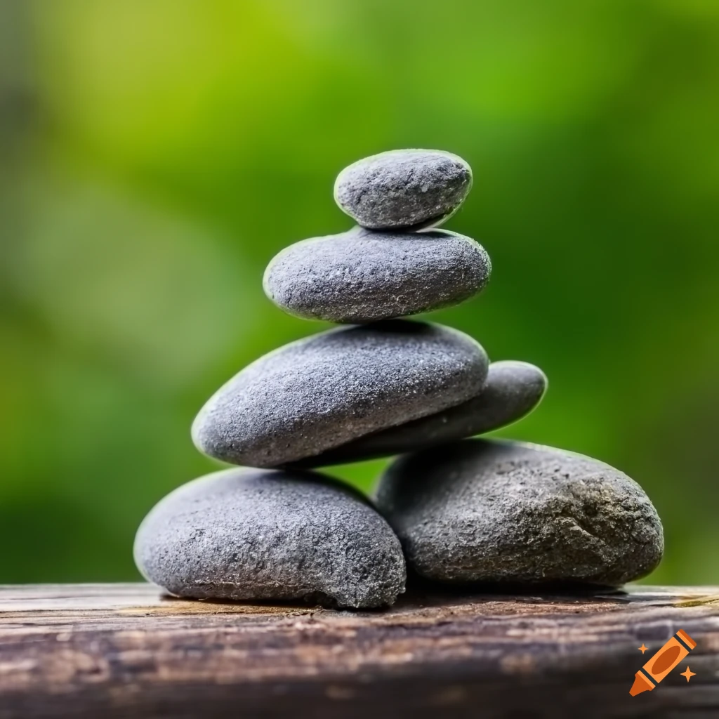 Zen rocks on a light wooden floor with bokeh vegetation background