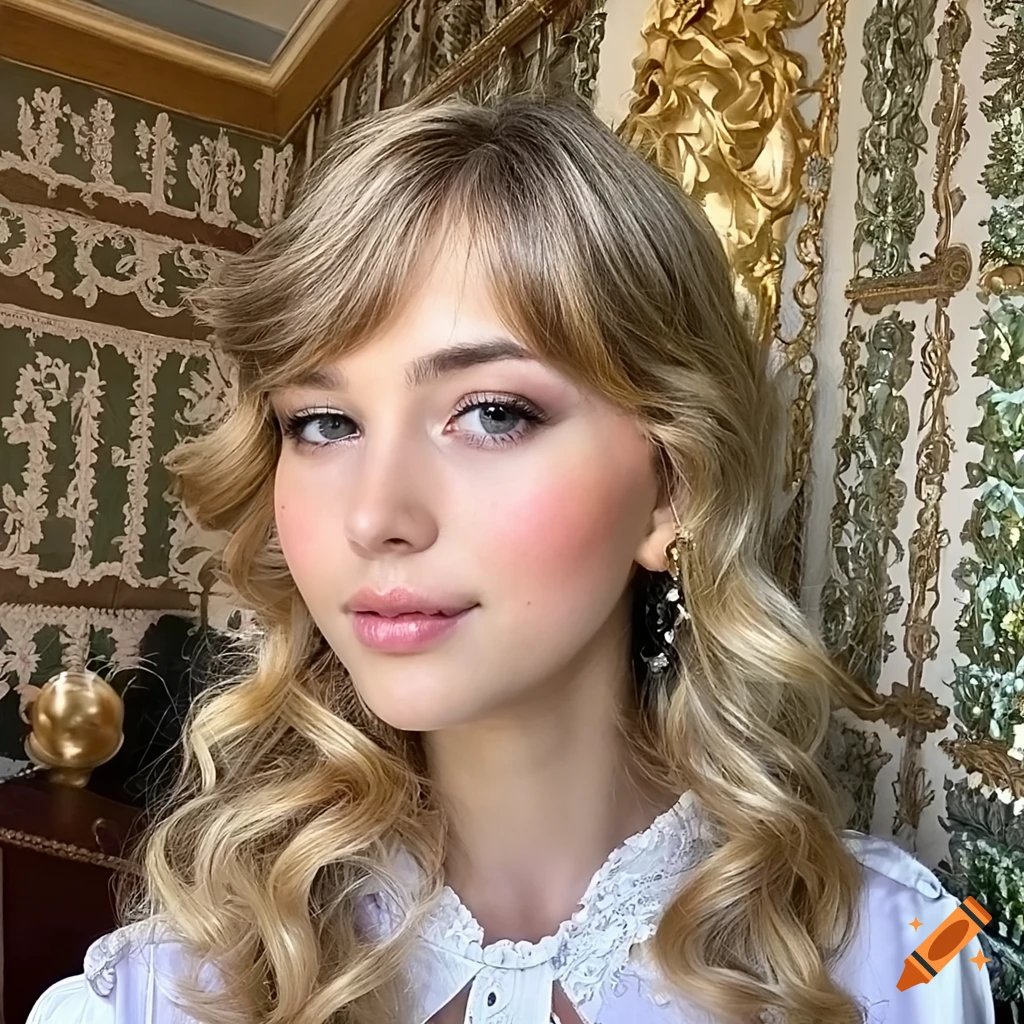 19th-century young female model with blond hair and pale skin in a rococo living room