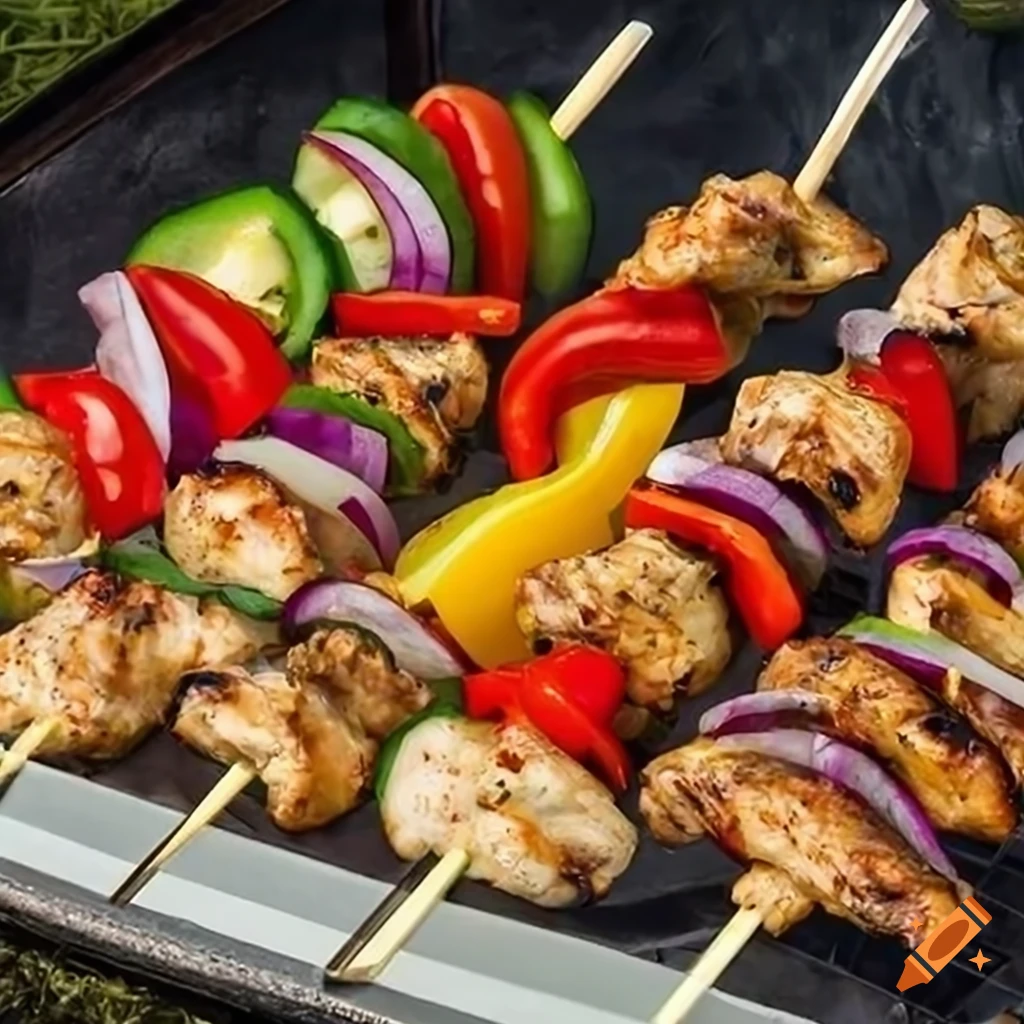 Chicken and vegetables skewers on a grill with grill marks