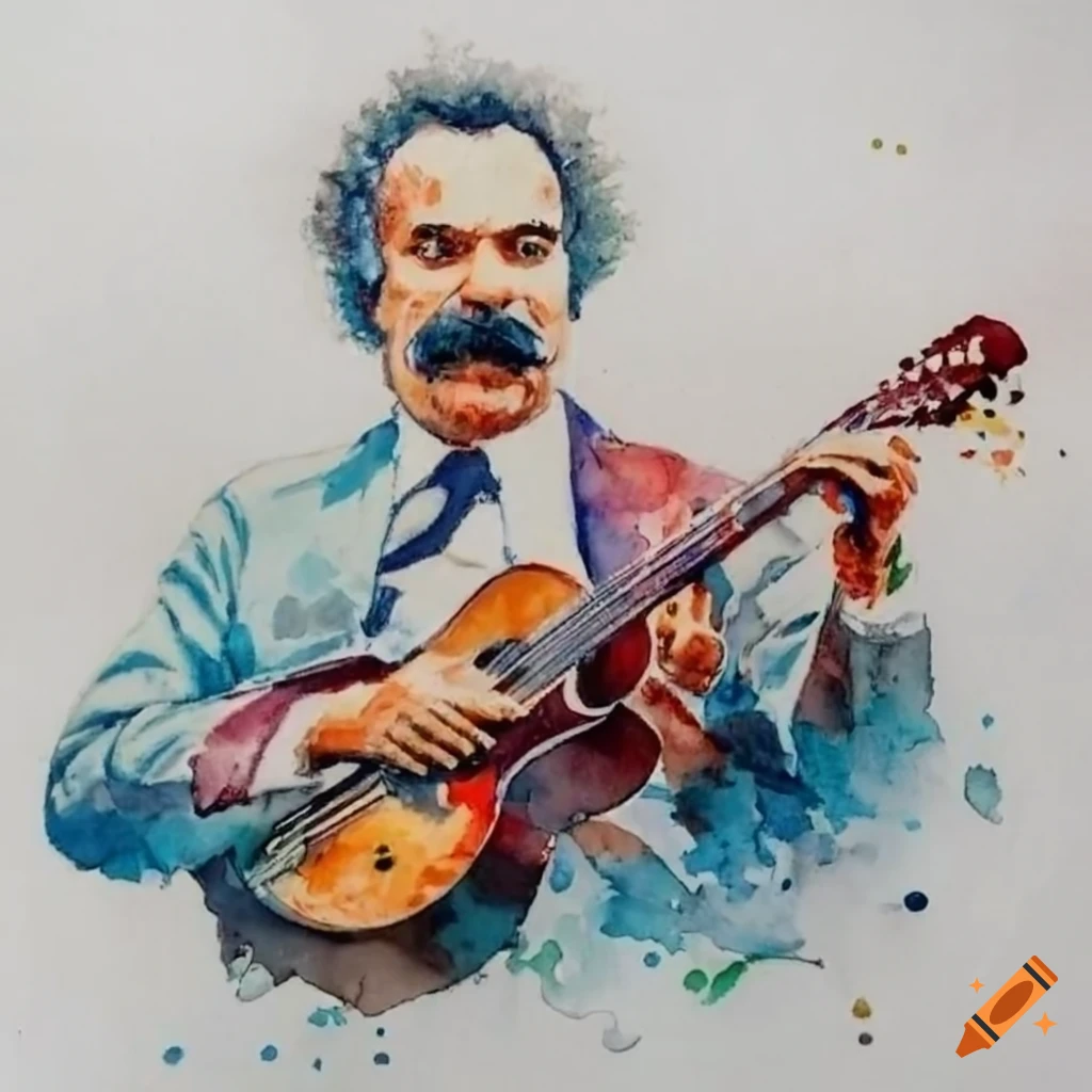 French singer Georges Brassens playing guitar and singing in an intimate watercolor portrait