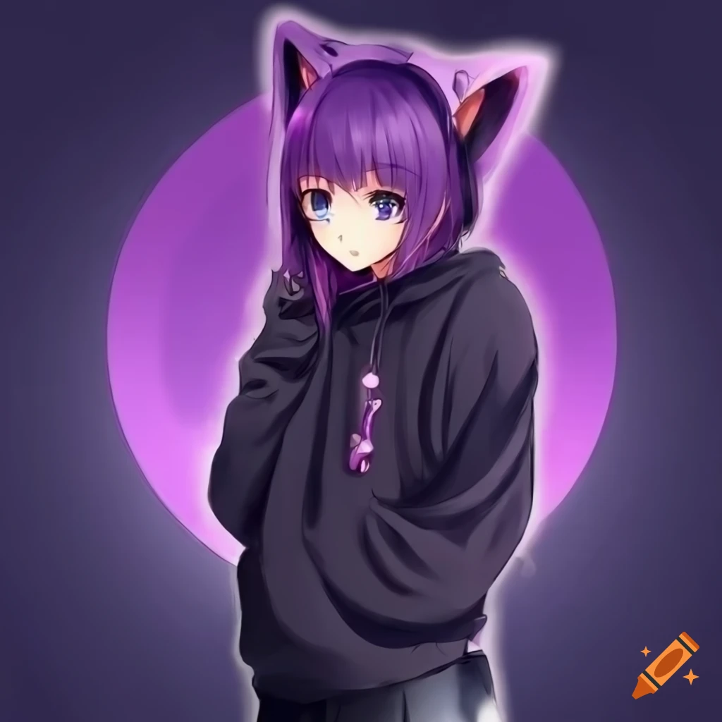Girl With Dark Violet Hair In Black Hoodie With Cat Ears And Tail Girl with dark violet hair in black hoodie with cat ears and tail