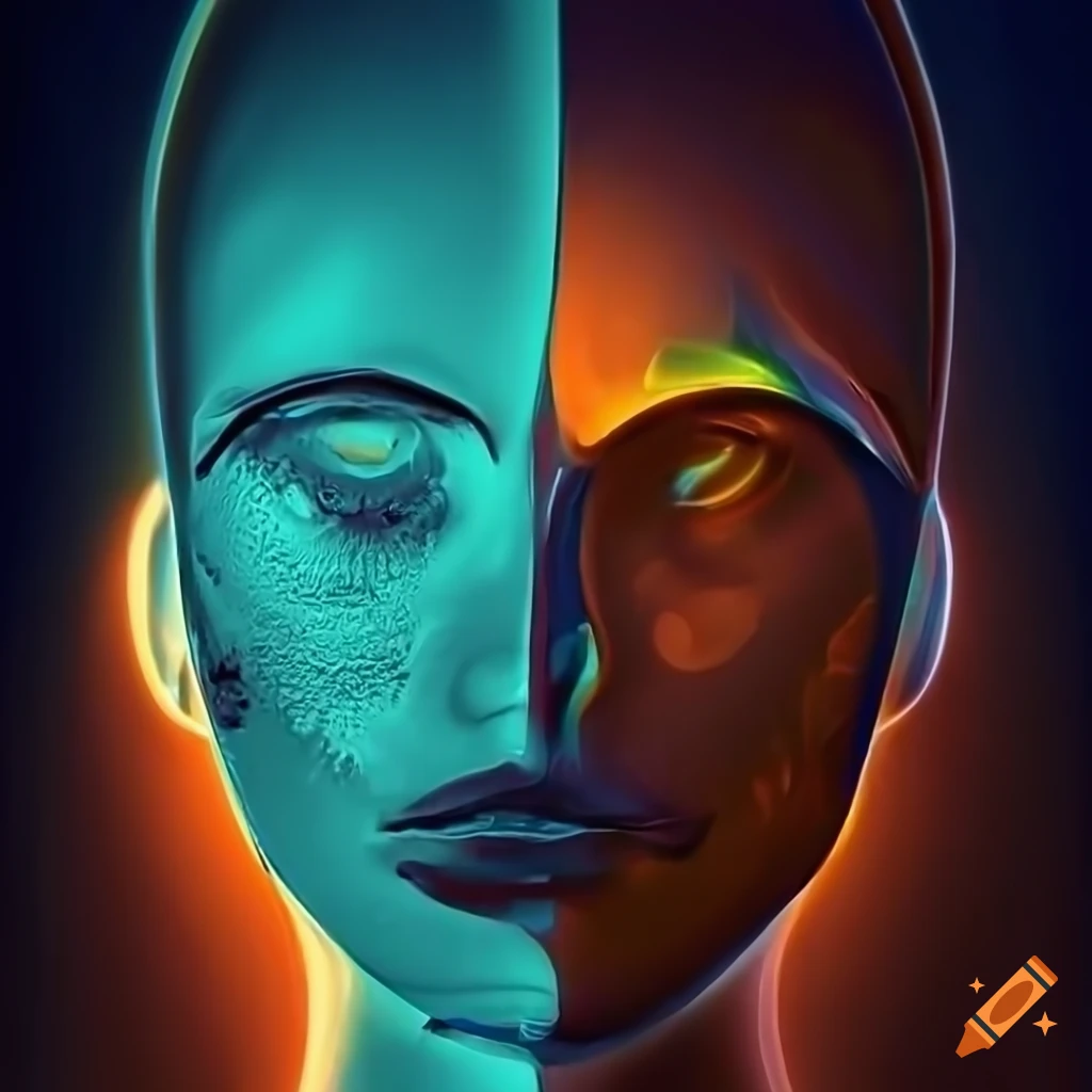Biomechanoid woman face with metallic surfaces in abstract style
