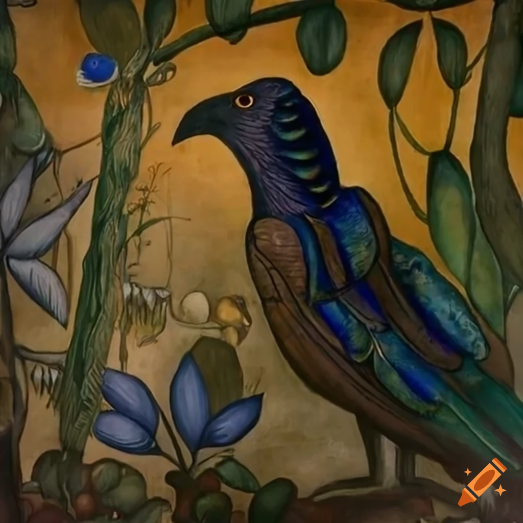 Raven in a colorful iridescent Peacock feather cloak in a twilight forest garden
