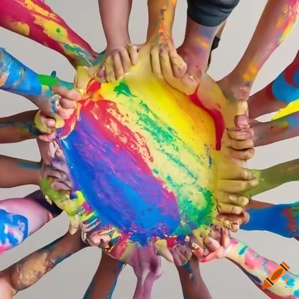 Rainbow paint splash with people holding hands and 'Shine with Pride' label