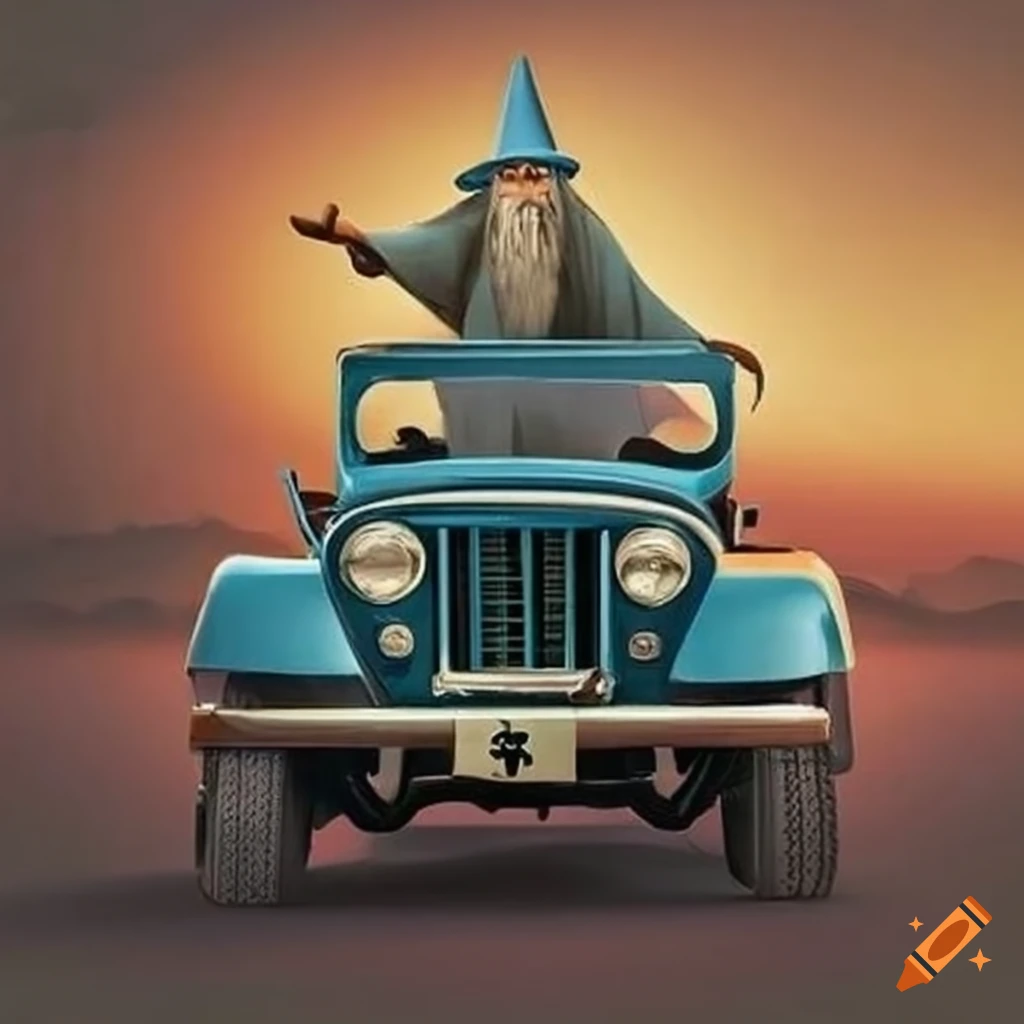 Gandalf character riding a vintage vehicle