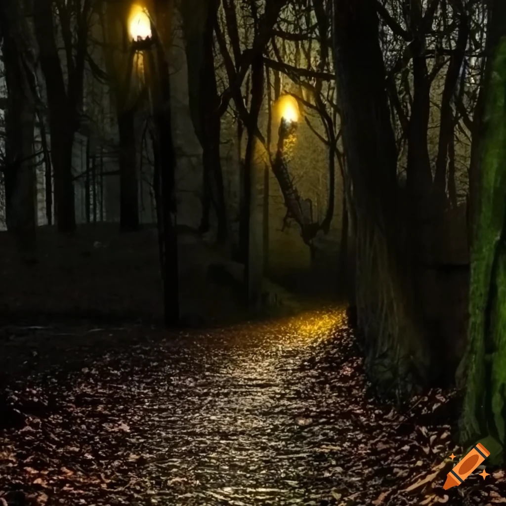 Dark path illuminated by tiny lanterns