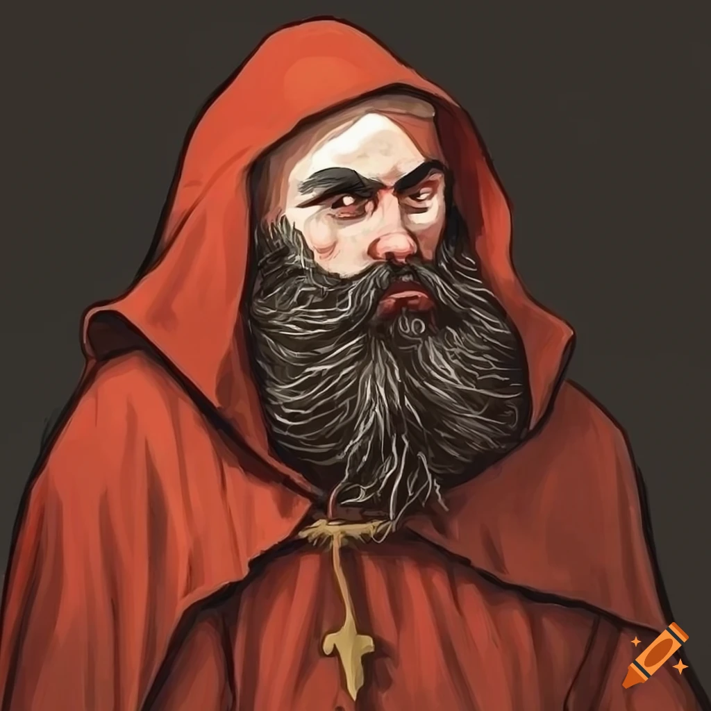 Chubby medieval monk with black beard and red robe