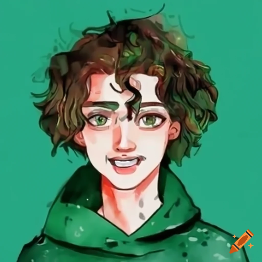 Cartoonish wavy hair guy in green hoodie coding in a cyberpunk setting