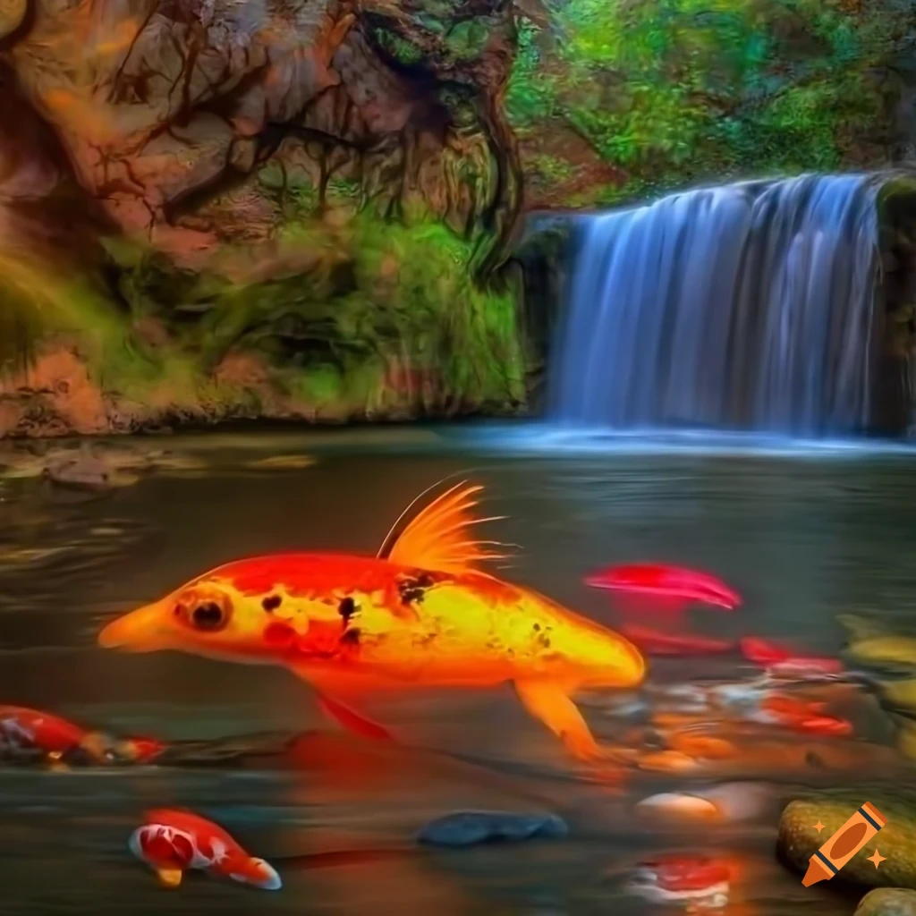 Tranquil waterfall with koi fish and neon butterflies at sunset