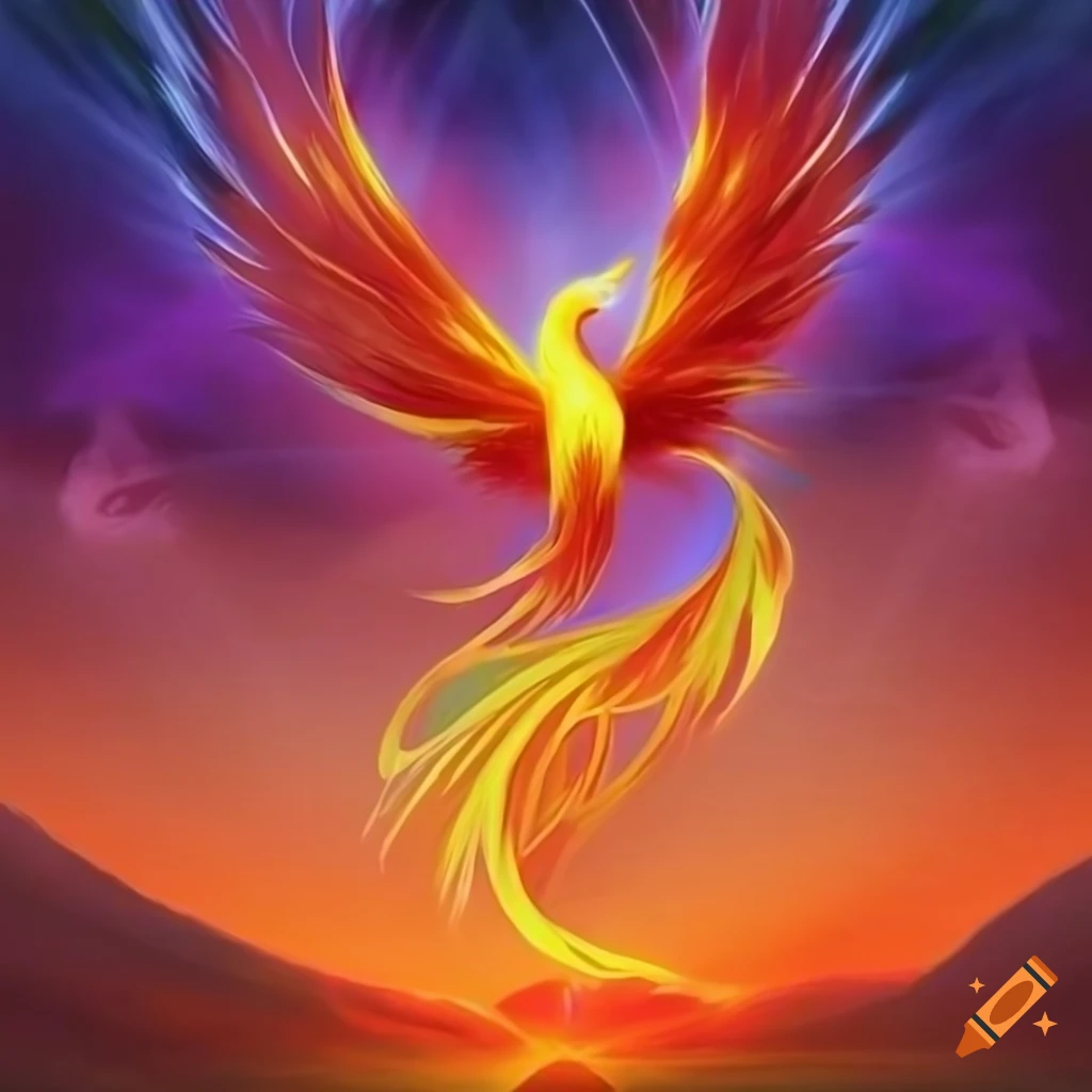 Phoenix rising from the ashes in a mystical Fantasy card design on Craiyon