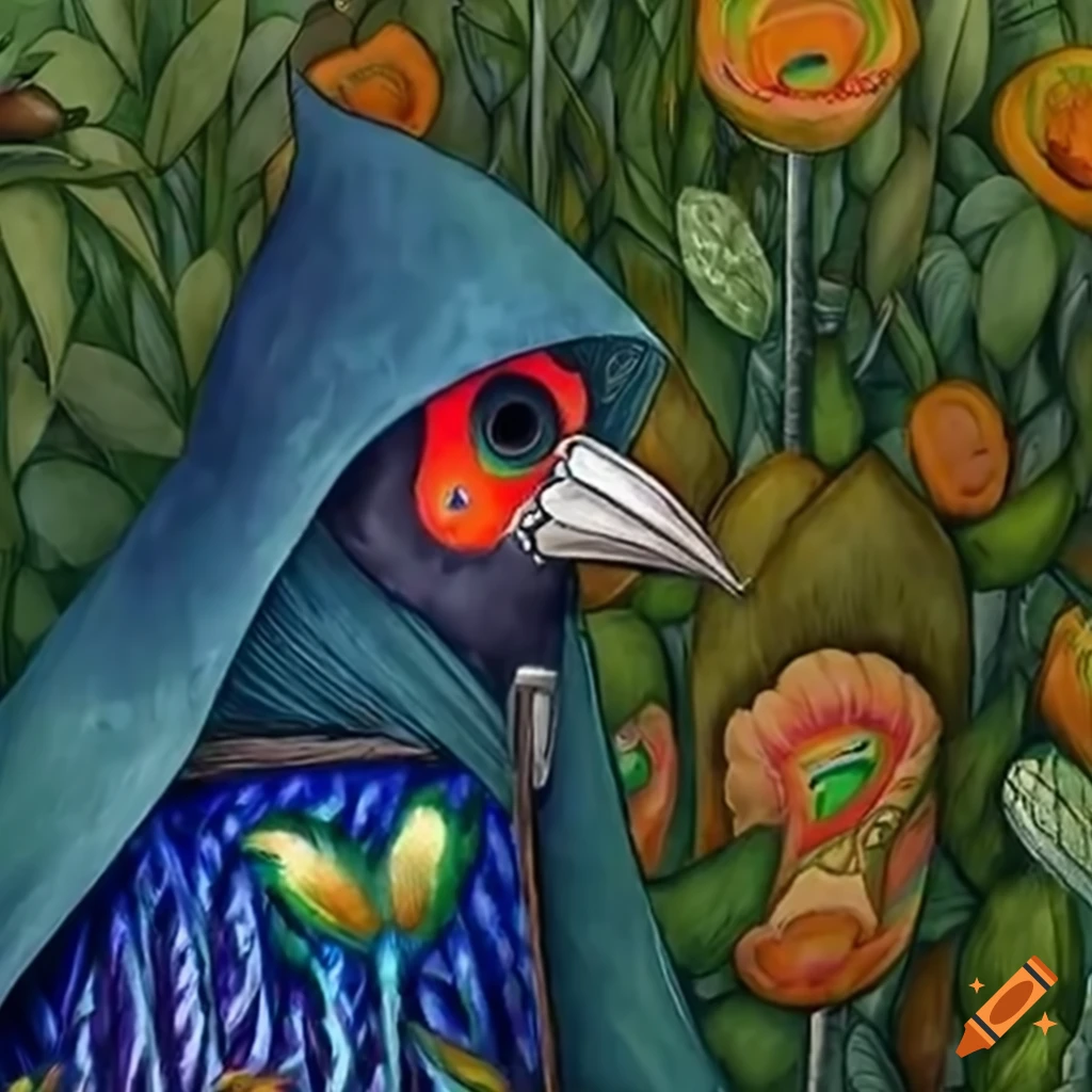 Raven in a hooded cloak of colorful peacock feathers in a twilight forest garden