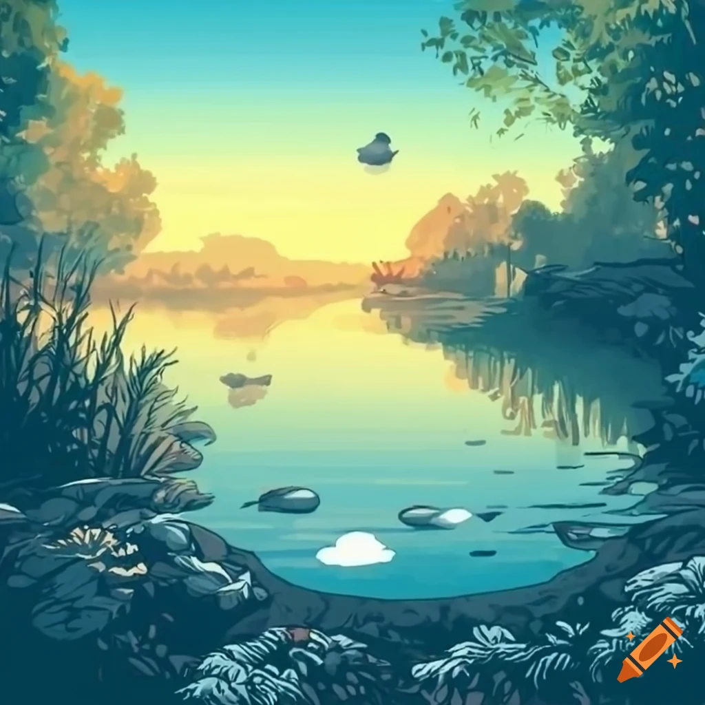 Tranquil pond in Studio Ghibli style during morning