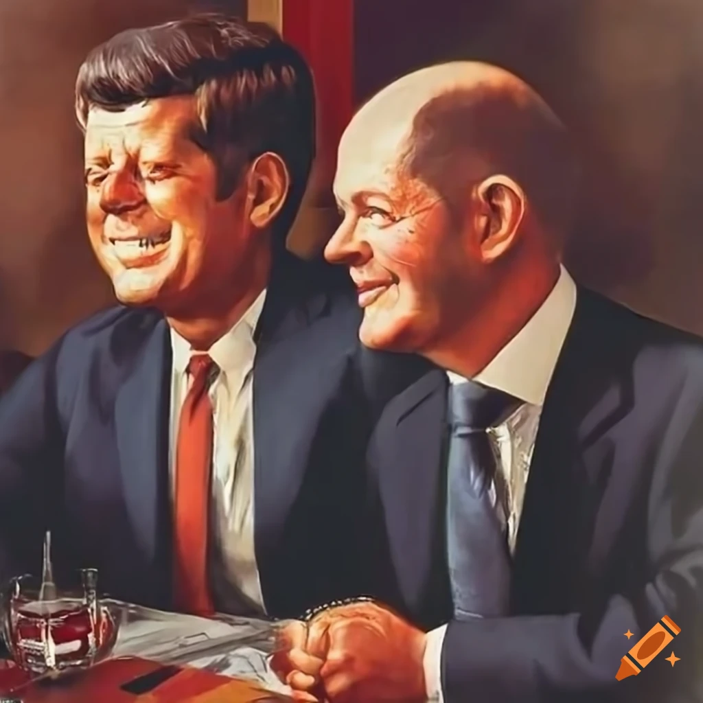 John F. Kennedy and Olaf Scholz sitting together in a pub