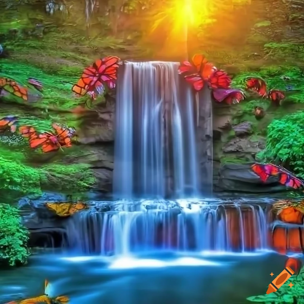 Tranquil waterfall with koi fish and neon butterflies at sunset