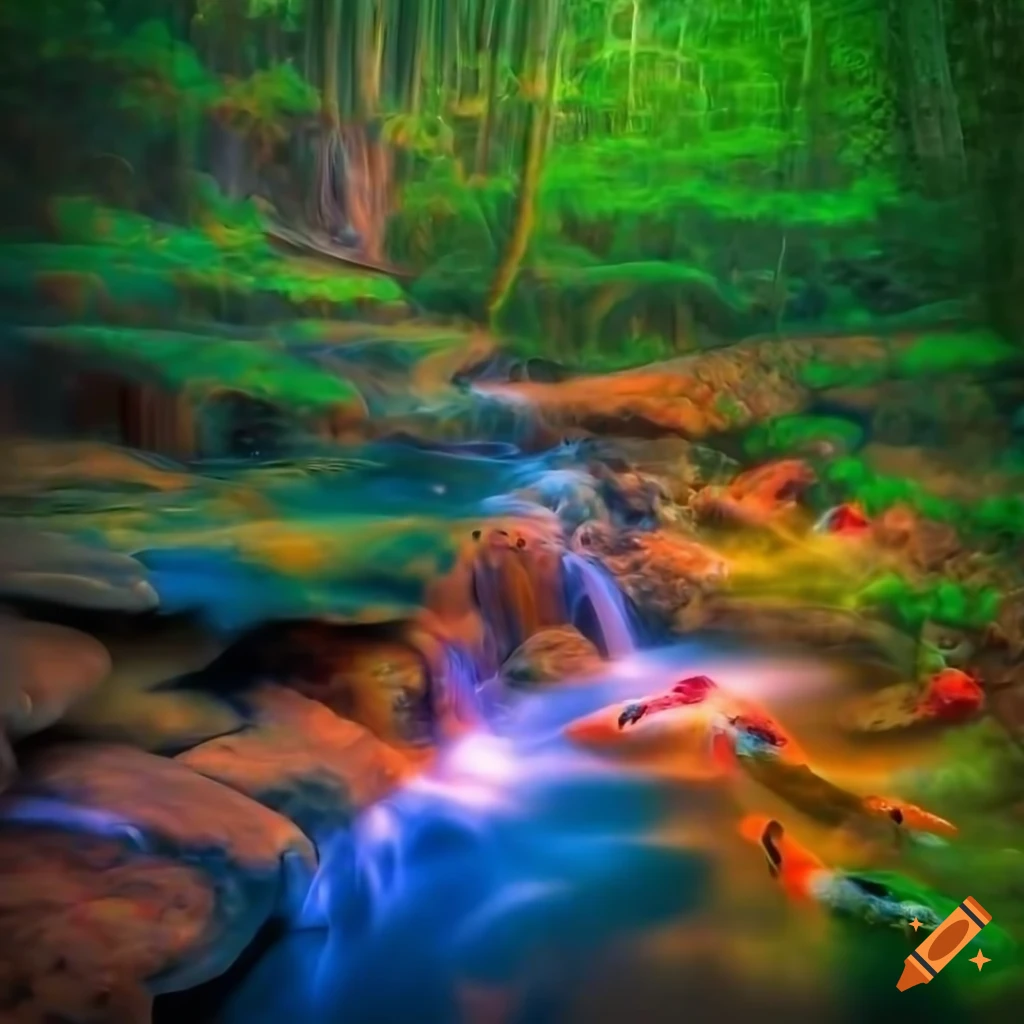 Tranquil waterfall with koi fish and neon butterflies at sunset