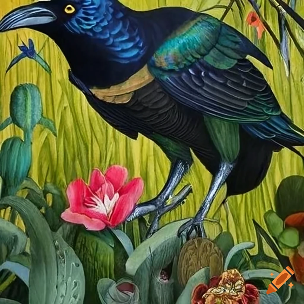 Raven in a colorful peacock feather cloak with a silver brooch