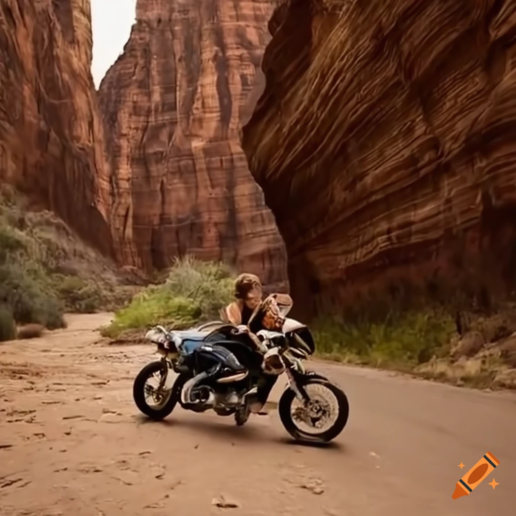 Vanessa Ruck jumping a motorcycle over a canyon with a baby carrier
