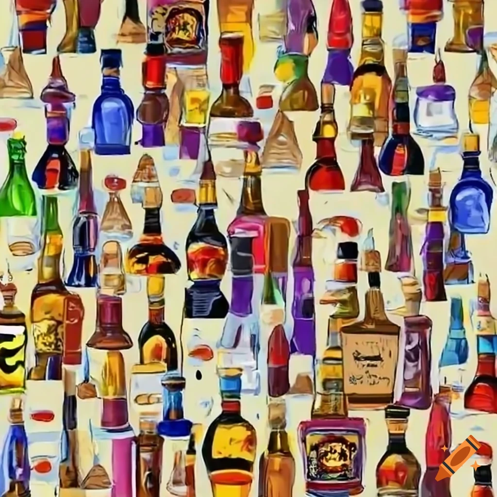 Anime-style display of hundreds of whisky bottles
