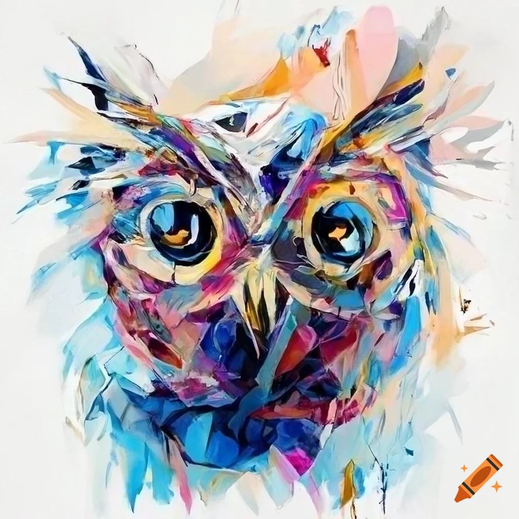 Abstract knife painting of geometric owl head with water in Zao Wou-Ki and Julie Mehretu styles