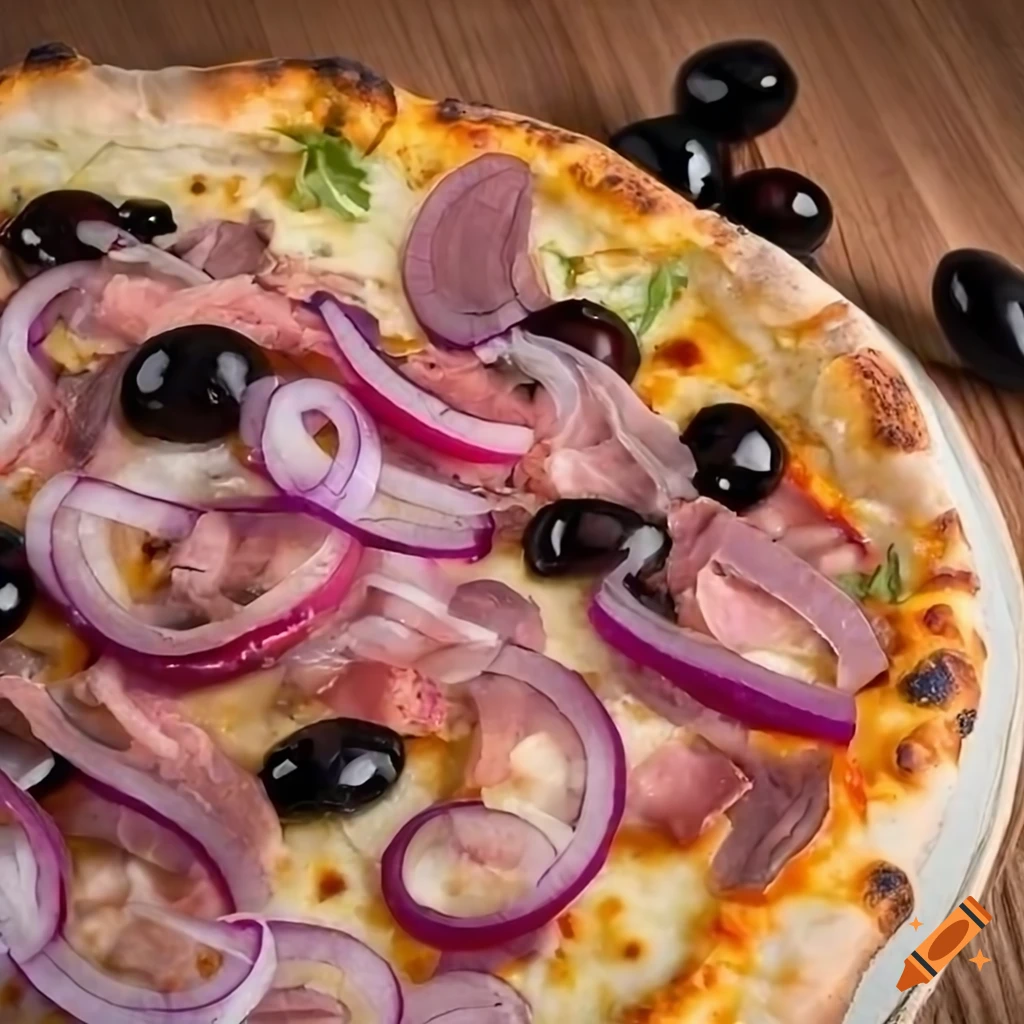 Stone baked pizza with montreal smoked meat, black olives, and onion