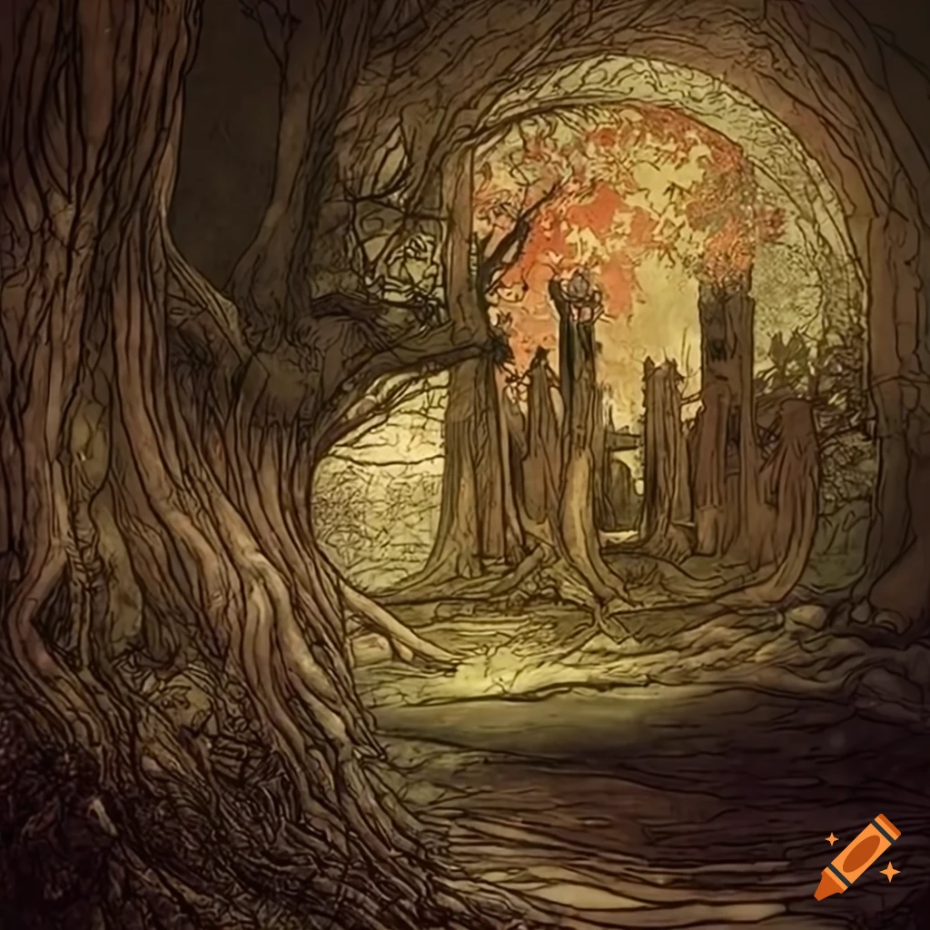 UHD detailed illustration of abandoned wizard's towers, trees, and impish creatures in a magical landscape