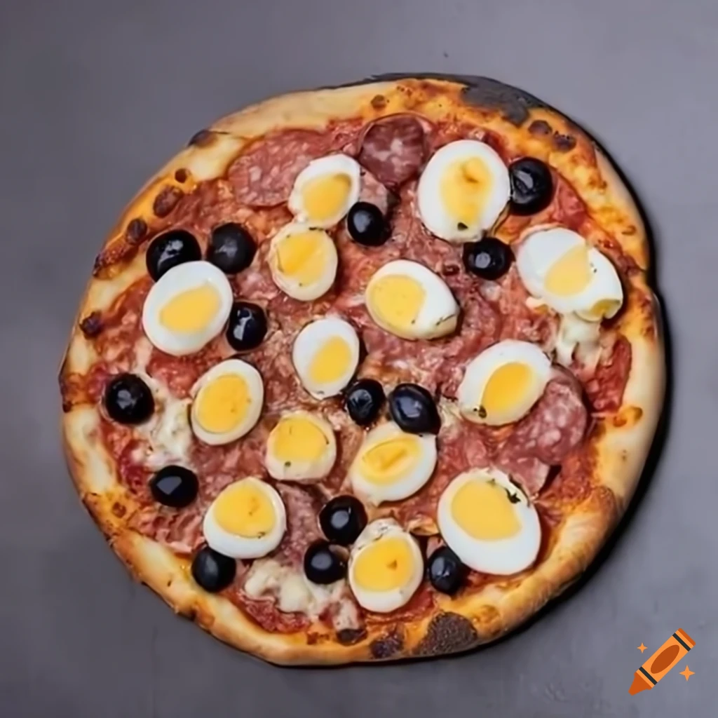 Delicious stone-baked pizza with fried salami, eggs, olives, and mozzarella cheese