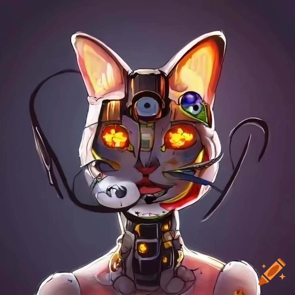 Anime cyborg cat with glowing eyes staring at a street food vendor