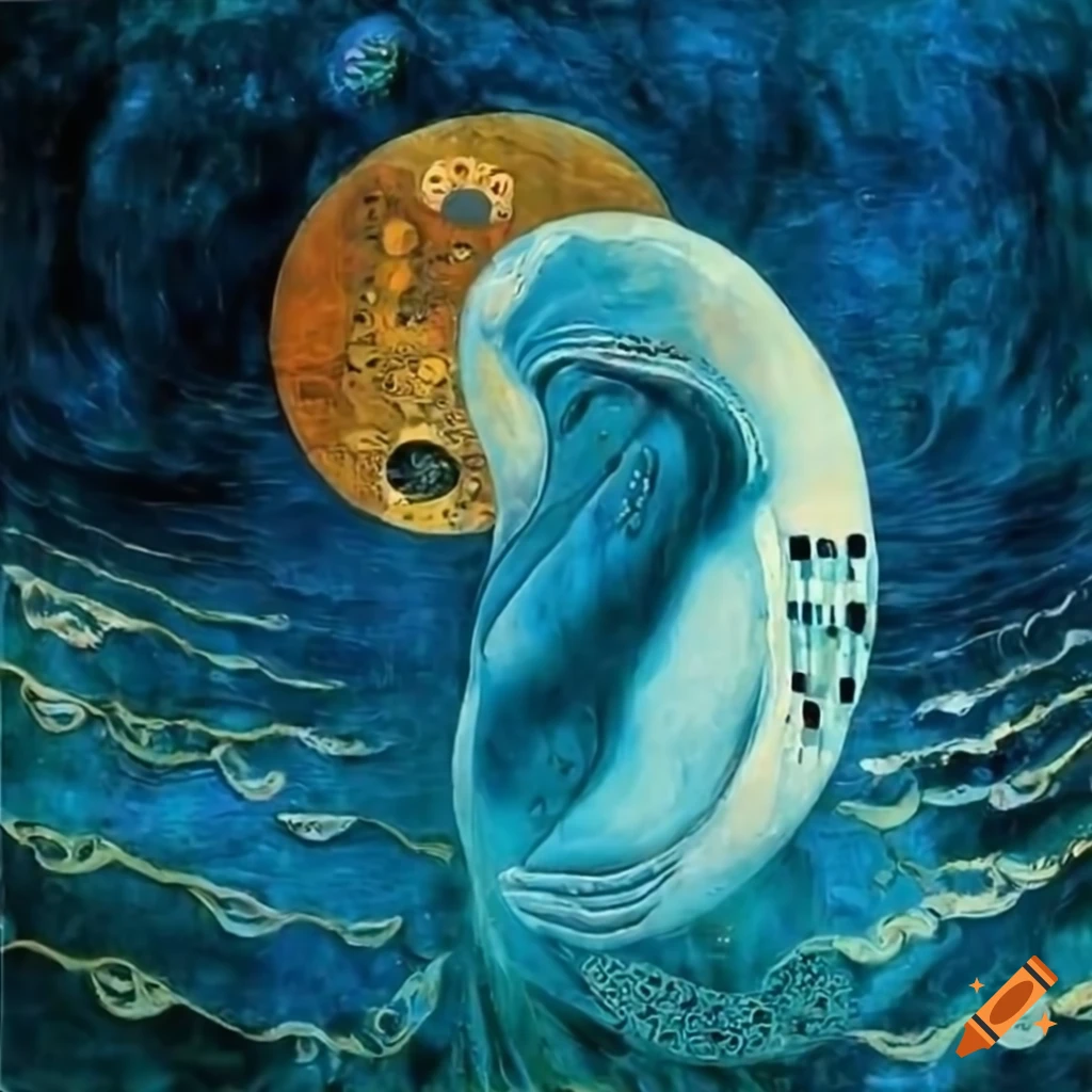 Gustav Klimt-style illustration with Yin and Yang elements featuring a humpback whale in the ocean