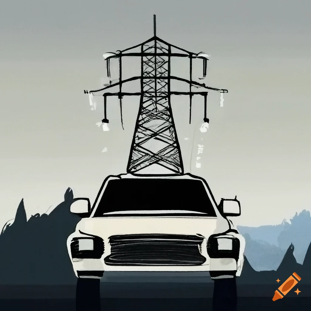 Power transmission tower inside a car in traffic