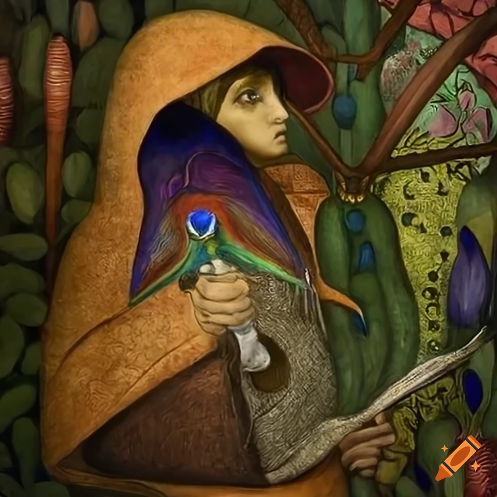 Raven in a colorful iridescent Peacock feather cloak in a twilight forest garden