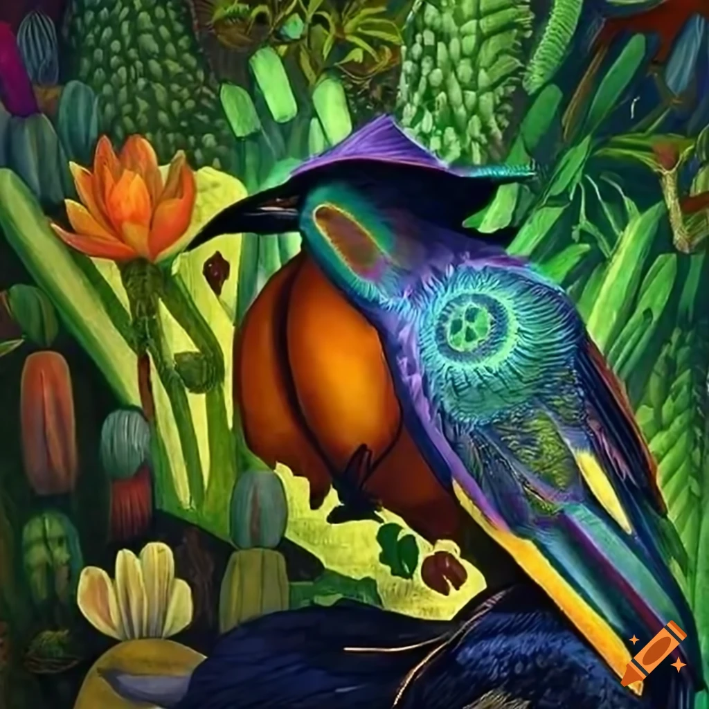 Raven wearing a hooded cloak of colorful peacock feathers with a silver brooch