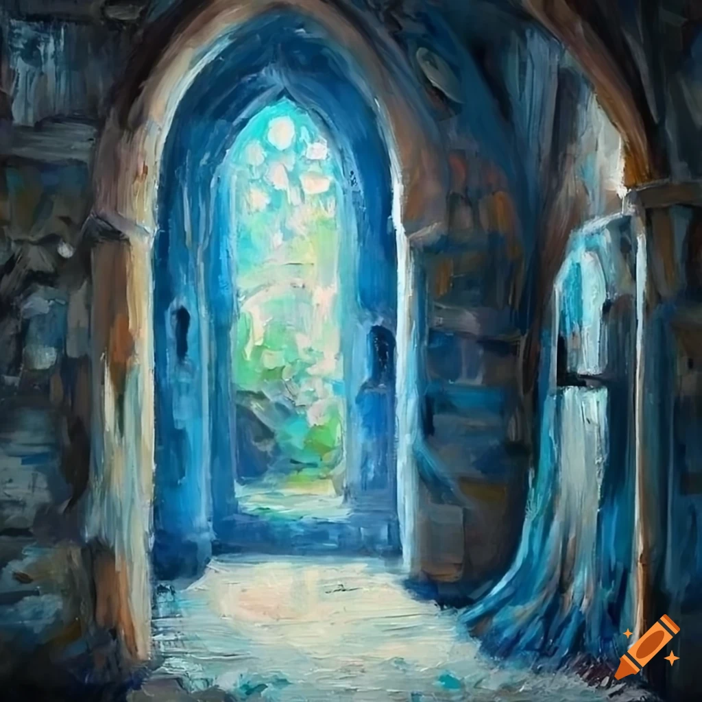 Impressionist oil painting of Leïla Bekhti in a stone dungeon setting with a torn scarf, medieval door, and blue skylights