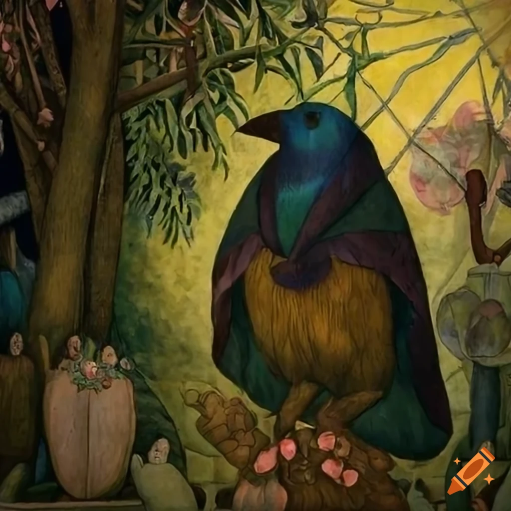 Raven in a colorful iridescent Peacock feather cloak in a twilight forest garden