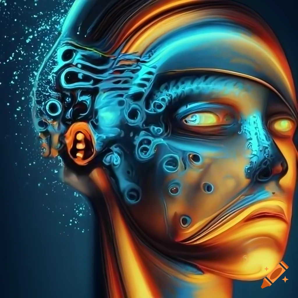 Biomechanoid woman face with metallic surfaces in abstract style
