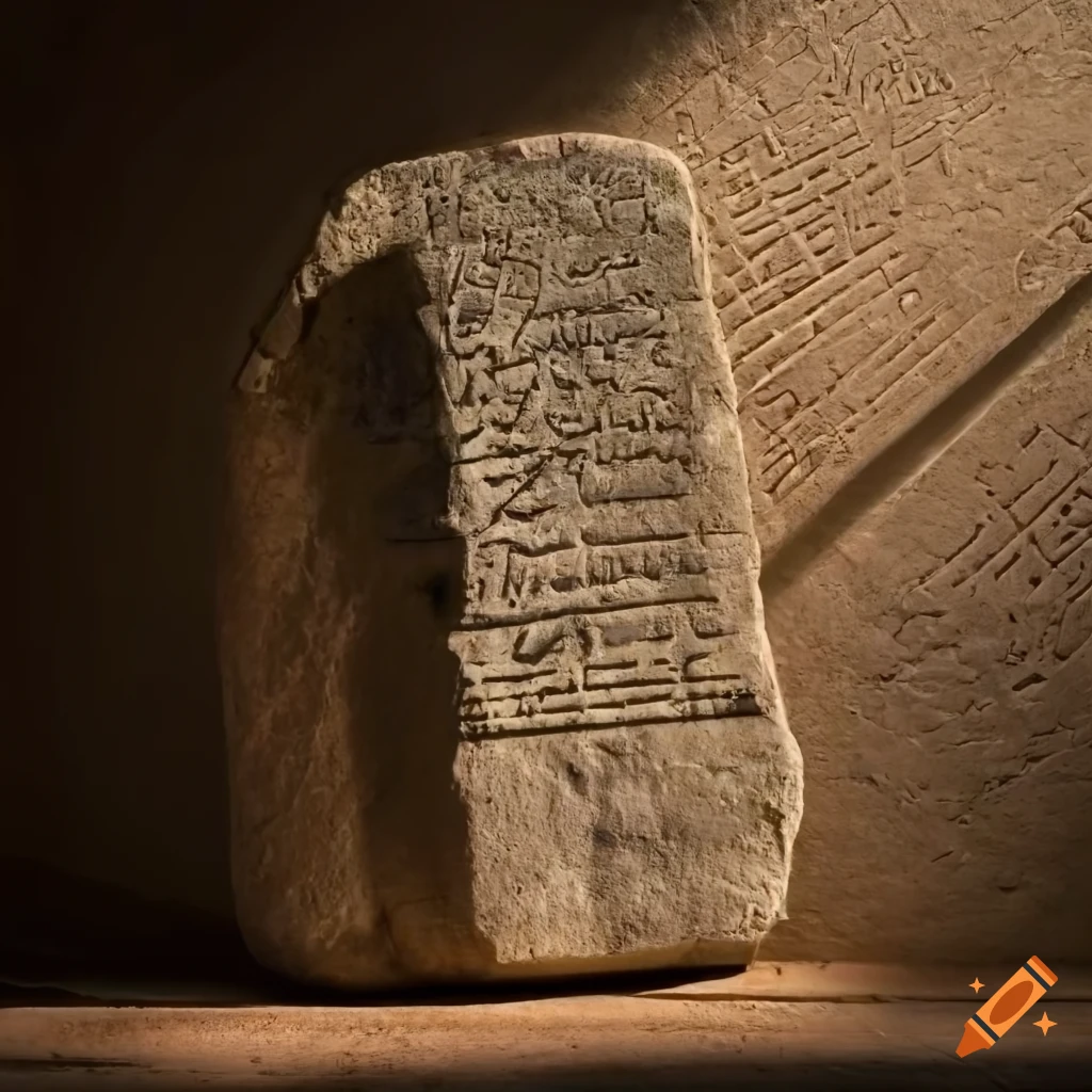 Ancient stone tablet with inscriptions and diagrams in a beam of sunlight